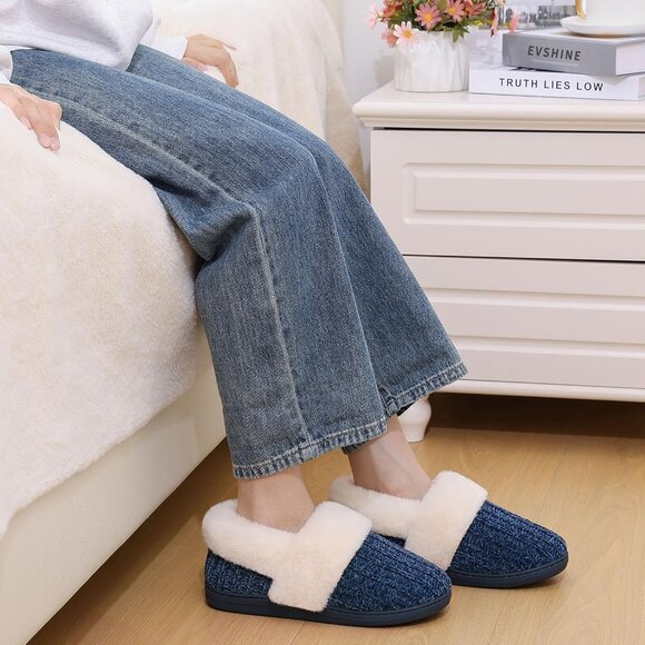 ⚡Women's Blue Fuzzy Memory Foam Slippers Closed Back Knit Slip-On House Shoes - Picture 5 of 5